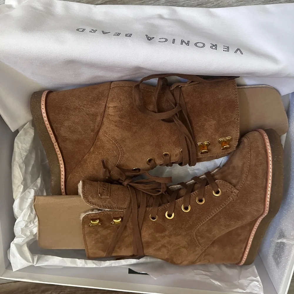 with box Veronica Beard Womens Brown Ananya Shearling Wedge Boots Shoe - Picture 6 of 8